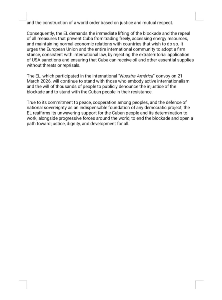 Agradecemos a <a href="/europeanleft/">European Left</a> por la resolución en defensa de #Cuba y contra el bloqueo impuesto por el gobierno de EEUU, aprobada en su 8vo Congreso.

El documento reconoce los graves daños provocados al pueblo cubano por el recrudecimiento del bloqueo y por el actual cerco