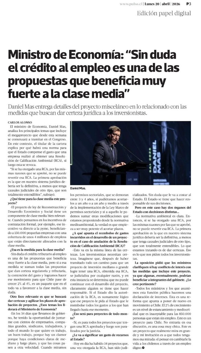 En entrevista con Pulso de @LaTercera 🗞️ abordé uno de los ejes del proyecto de #ReconstrucciónNacional: el crédito al empleo, una medida concreta para fortalecer a la clase media.

También profundicé en la urgencia de dar certeza jurídica, agilizar permisos y avanzar hacia un