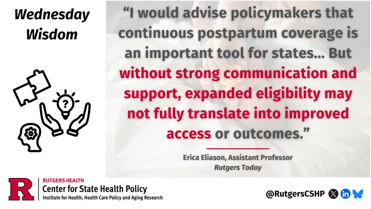 RutgersCSHP's tweet image. Today’s #WednesdayWisdom comes from CSHP and @RutgersSPH Assistant Professor @eleliason.

She spoke to @RutgersU_News about findings from a new study of extended postpartum #Medicaid coverage during the #COVID19 pandemic: go.rutgers.edu/lvt4p707
