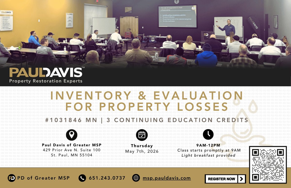 PaulDavisMSP's tweet photo. Join us for our next CE class May 7th: Inventory &amp; Evaluation For Property Losses 

Reserve your spot today!
 https://t.co/yKaUjEjpU6

#WeArePaulDavis #CEClass #InsuranceEducation #MSPEvents #ContinuingEducation #RestorationIndustry https://t.co/7BtkUECrTm