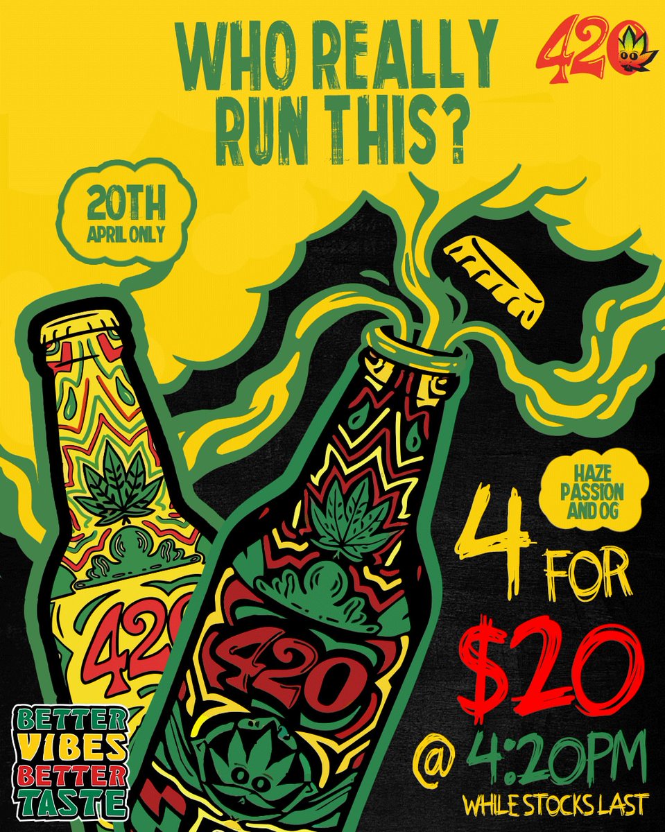 gottaluvness69's tweet photo. One Year later ...

They say they run this... but we all know who truly owns the day: 4/20

4 for $20 (Haze Passion and OG)

Pull up, stock up, and celebrate properly.
Valid today only (April 20) @ 4:20PM 
While Stocks last

#420Nation #BetterVibesBetterTaste #420 https://t.co/0IEck2g4tF