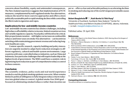 Comment | Published: 20 April 2026

Smoke-free nicotine products can accelerate the end of the smoking epidemic

Robert Beaglehole, Ruth Bonita &amp; Tikki Pang 

Nature Health (2026)

nature.com/articles/s4436…