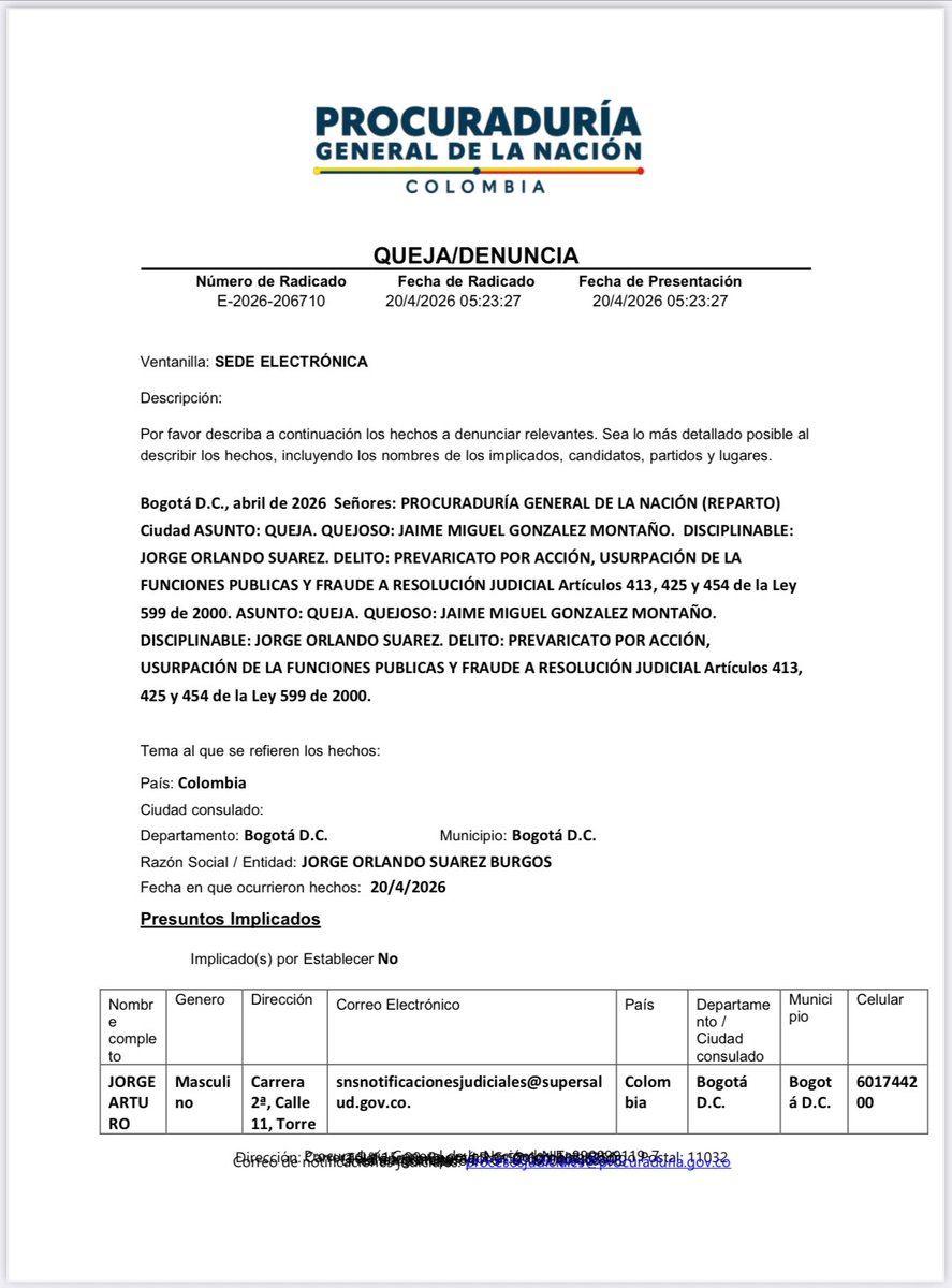 julianquintanat's tweet photo. Hemos interpuesto denuncia ante @FiscaliaCol y queja disciplinaria ante @PGN_COL en contra del interventor de @Coosalud_ Jorge Orlando Suárez por negarse a cumplir la orden del Tribunal de Bolívar y no hacer entrega inmediata de la EPS a su representante legal Jaime González. https://t.co/rSDFSYRa1n