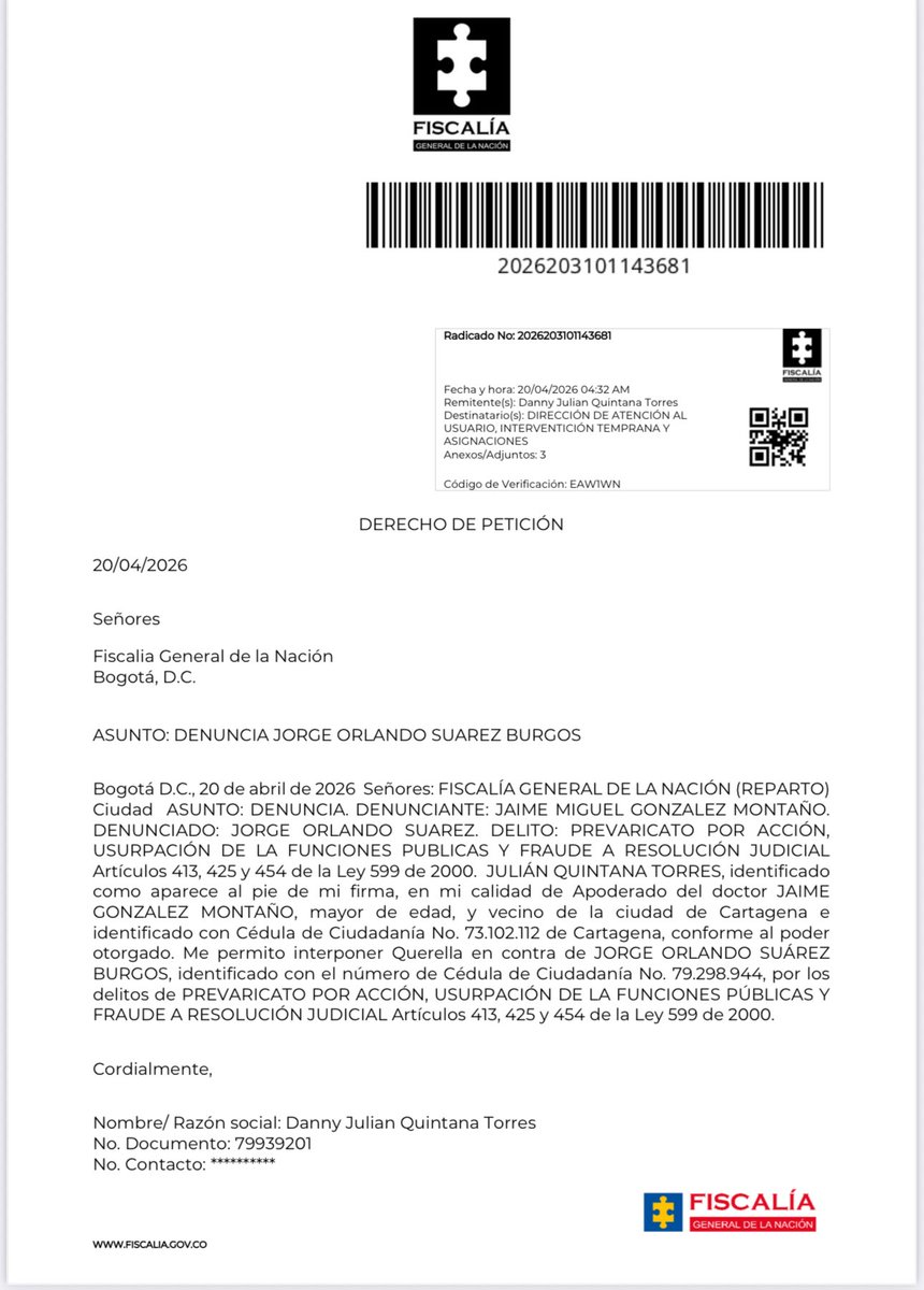 julianquintanat's tweet photo. Hemos interpuesto denuncia ante @FiscaliaCol y queja disciplinaria ante @PGN_COL en contra del interventor de @Coosalud_ Jorge Orlando Suárez por negarse a cumplir la orden del Tribunal de Bolívar y no hacer entrega inmediata de la EPS a su representante legal Jaime González. https://t.co/rSDFSYRa1n