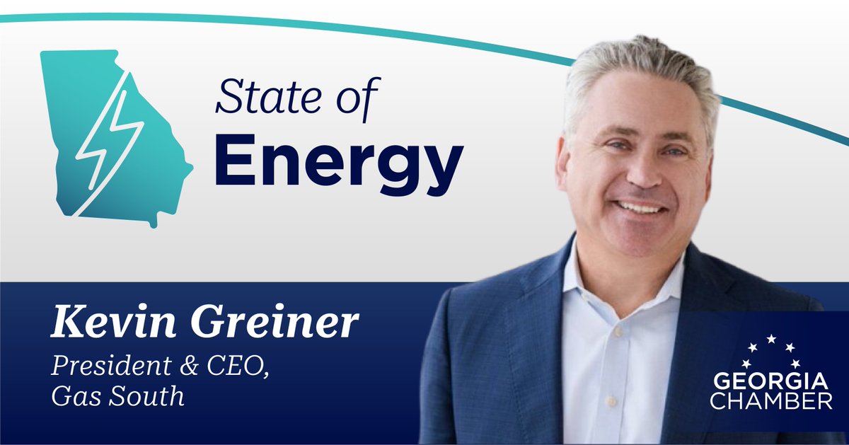 GAChamber's tweet photo. Powering what’s next ⚡

Join us May 28 at the Coca-Cola Atlanta Office Campus for the State of Energy, where our state's top leaders come together to advance the ideas, policies, and partnerships powering Georgia’s energy landscape. #StateofEnergy26

We’re proud to feature Kevin Greiner, President & CEO of @GasSouth, as he leads a critical conversation:
“Fueling the Future: Impact of Natural Gas in Georgia.”

🔗 Register now and be part of the conversation: https://t.co/w7xG9BjwYR