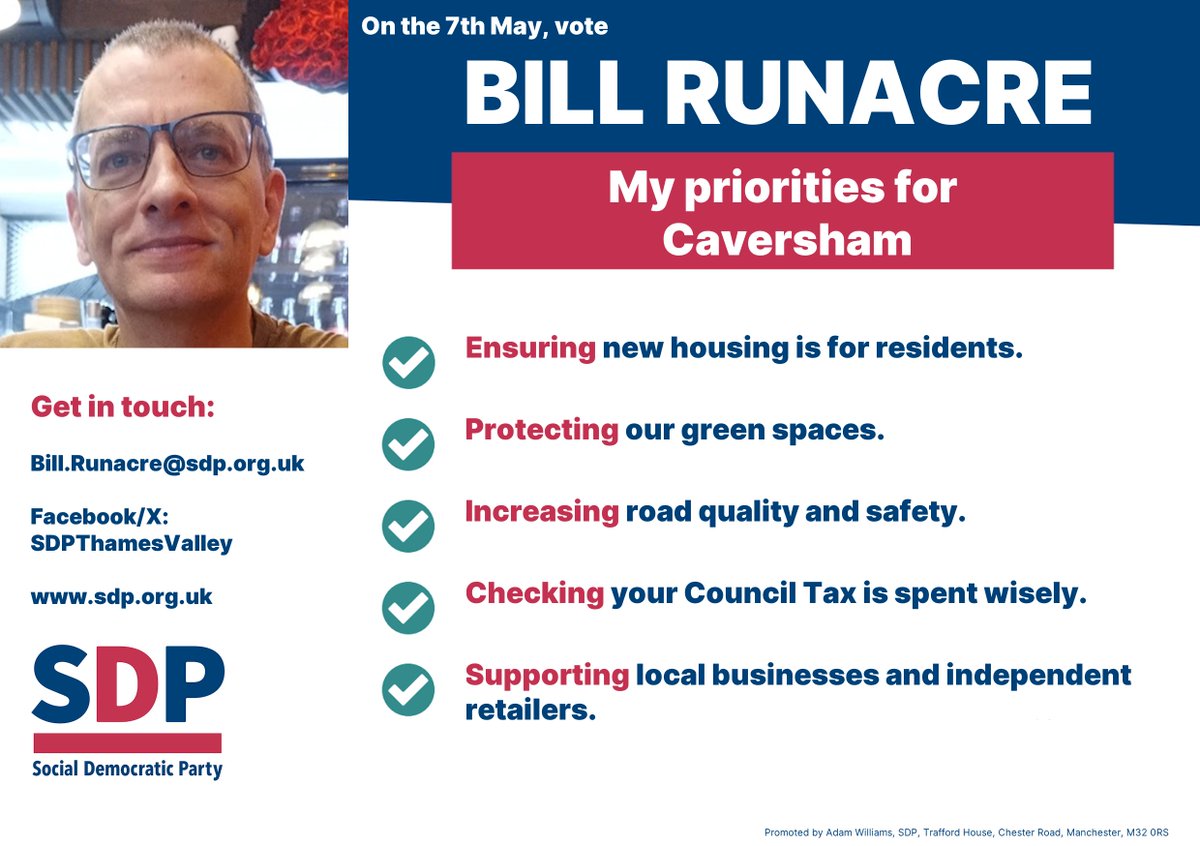 Introducing the first of our candidates for Reading. 
Vote SDP on 7th May for a local candidate who will prioritise the needs of Caversham's residents, businesses and environment.