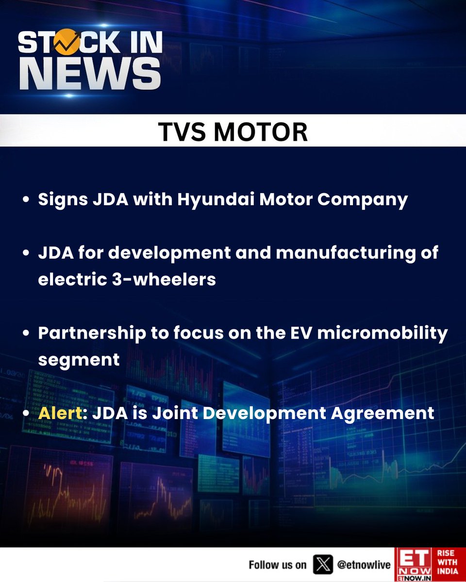 ETNOWlive's tweet image. #StockInNews | TVS Motor: Signs JDA with Hyundai Motor Company

#TVSMOTOR #HyundaiMotor #StockMarketIndia
