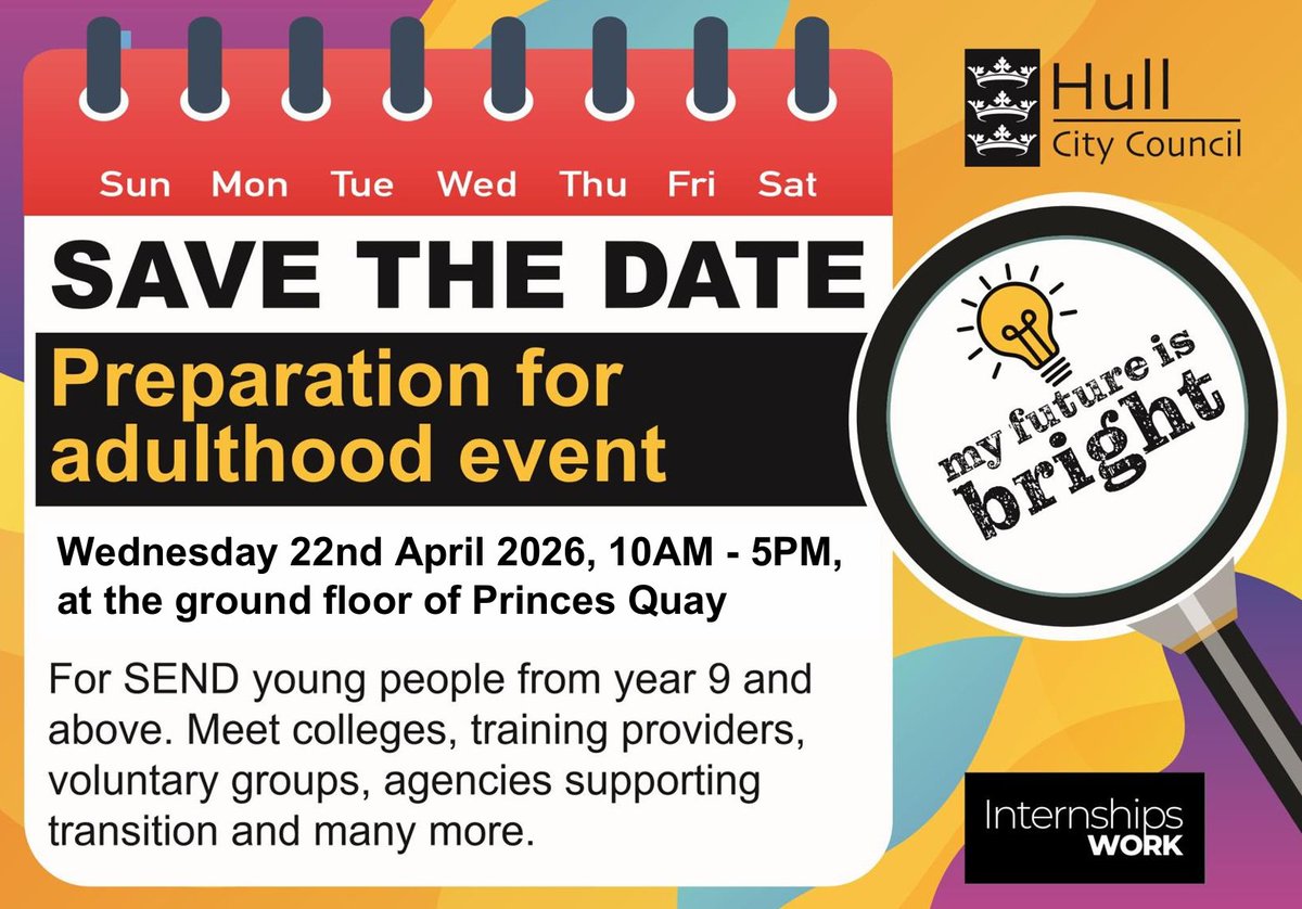 LiveWellHull's tweet photo. 📢 Preparation for Adulthood
🗓️ Wednesday 22nd April 2026 from 10am - 5pm
📍 Ground Floor of Princes Quay Shopping Centre

A marketplace style event is aimed at Hull young people with SEND and their families from year 9 upwards who are starting to think about transition and considering their options for post 16 learning opportunities and beyond. 

This is a fantastic opportunity to find out more about the providers, courses, and support on offer for young people with SEND.