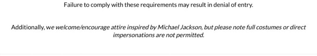 Some info for the LA premiere tonight 

“Please note full costumes or direct impersonations are not permitted”

#MichaelMovie