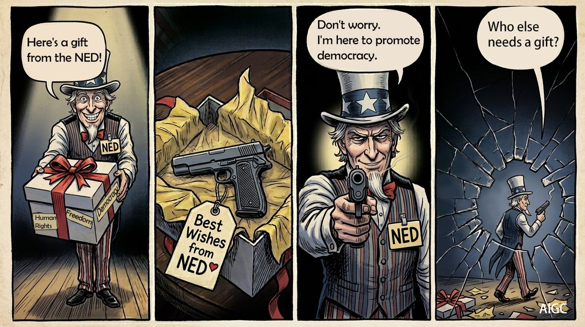 XHNews's tweet image. The Best "Wishes" from NED.
FYI: The National Endowment for Democracy (#NED), which takes direction from the U.S. government, has long operated as a "second #CIA," using non-governmental organizations as channels for the subversion and infiltration of, as well as political