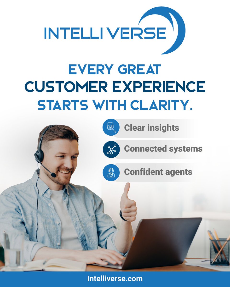Intelliverse's tweet image. Clarity drives exceptional customer experience.

Turn insights into action with connected systems and confident agents.

Explore more 👉 Intelliverse.com

#CustomerExperience #CX #CustomerSupport #Automation #AI #ContactCenter #BusinessGrowth #DigitalTransformation