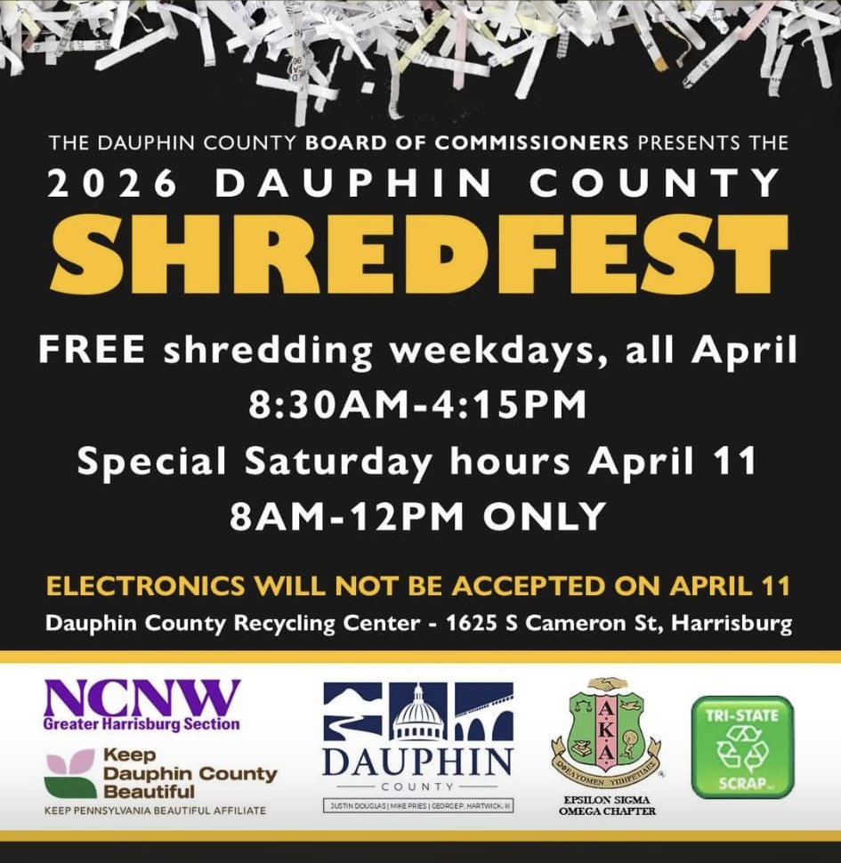 Time to cure the paper clutter—safely and responsibly. 🗂️✂️

All April long, residents and local businesses can bring documents for free shredding to the Dauphin County Board of Commissioners 2026 ShredFest. It’s the perfect reason to finally tackle those old files piling up