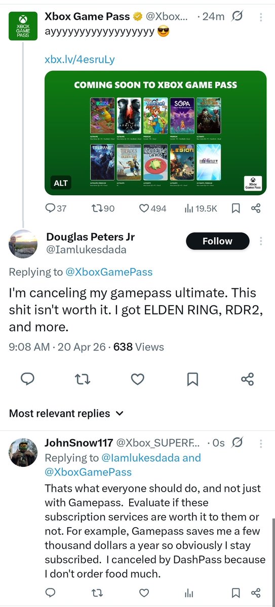 Xbox_SUPERFAN's tweet image. Look guys, I REALLY IS THIS SIMPLE. Gamepass Ultimate the best deal in gaming for a lot of people and just isn't worth it to some people in certain situations.  Arguing about a blanket statement one way or another is moronic.