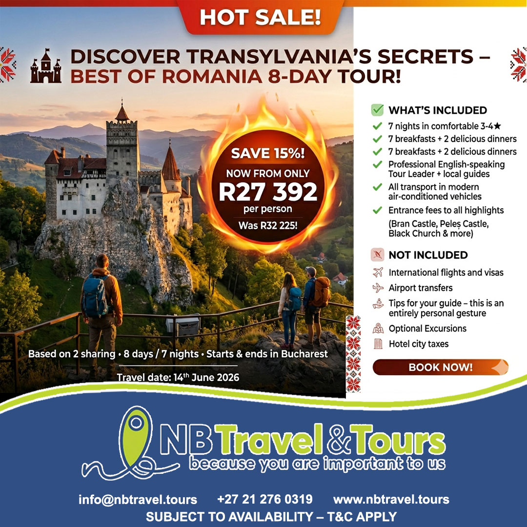 NBTravelandtour's tweet image. 🧛‍♂️ Would you spend 8 days in Transylvania for R27 392? 👇
🏰 Bran Castle, Peleș Castle &amp;amp; more
🍽️ Meals, transport &amp;amp; guides ALL included
💥 Save 15% — departing 14 June 2026!

Discover Romania! 🇷🇴

📞 +27 21 276 0319 | nbtravel.tours

#Transylvania #Romania #TravelDeals
