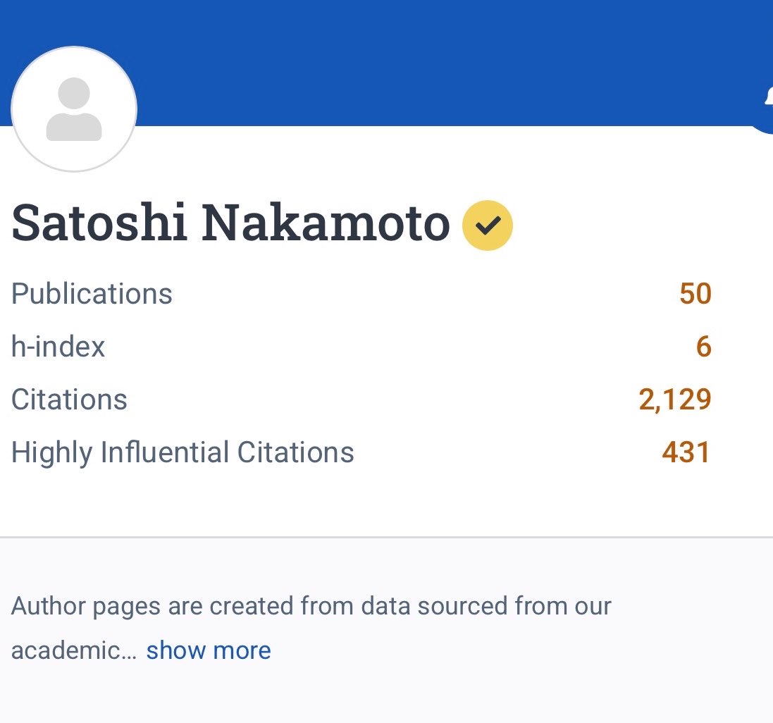 KaspaTeacher's tweet photo. Yonatan Sompolinsky vs. Satoshi Nakamoto on Google Scholar.

YS Cited 4546 Times.
SN Cited 2129 Times. https://t.co/5f96cwqJzU