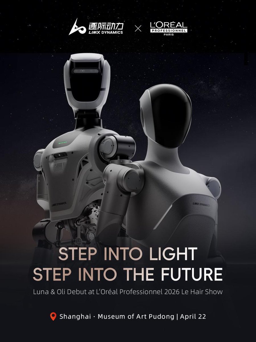 LimX_Dynamics's tweet photo. The future is now.
Luna and Oli made their appearance at the L’Oréal Professionnel 2026 Le Hair Show, stepping into a new chapter of futuristic aesthetics.
Hashtags
#LimXDynamics
#HumanoidRobots
#Robotics
#LorealPro https://t.co/8x6j4uTIxm