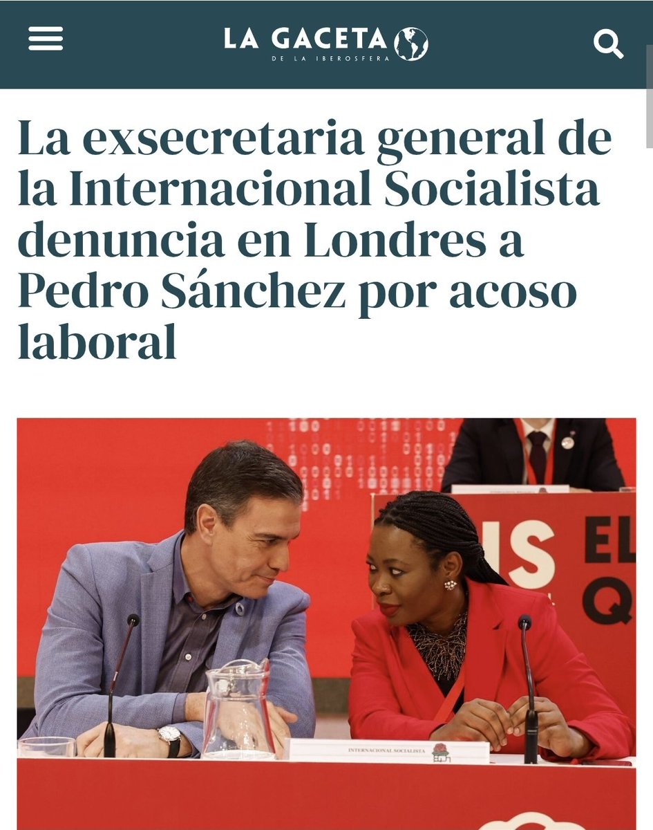 DENUNCIADO SÁNCHEZ POR ACOSO LABORAL

💣💣 BOOOM 💣💣

🔴‼️ La exsecretaria general de la Internacional Socialista denuncia en Londres a Pedro Sánchez por acoso laboral.

La jurista ghanesa Benedicta Lasi detalla presiones y desautorizaciones constantes y un deterioro progresivo
