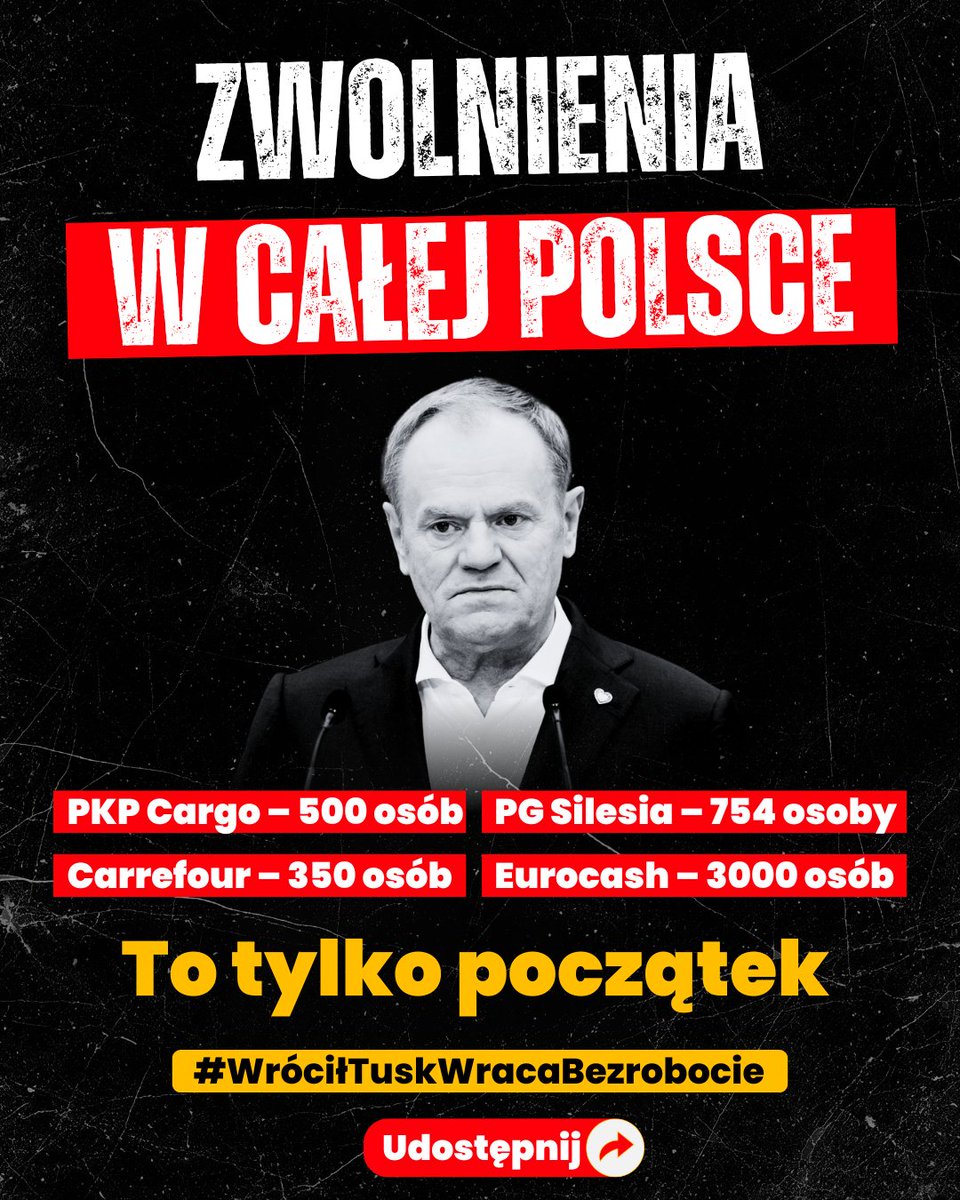 📢 Setki i tysiące zwolnień w całej Polsce. 😡 To już nie pojedyncze przypadki.
🔔 Udostępnij #WróciłTuskWracaBezrobocie