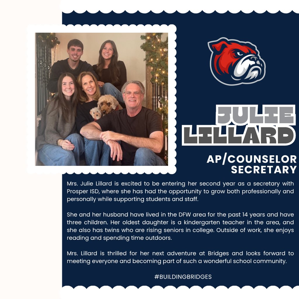 PISD_Bridges's tweet image. Exciting news, Bridges Fam! Help us welcome Mrs. Julie Lillard as our AP/Counselor Secretary! She’s ready to support our students, families, and staff with care, organization, and a warm smile every day. Let’s give her a big Bridges welcome as we continue #BuildingBridges!