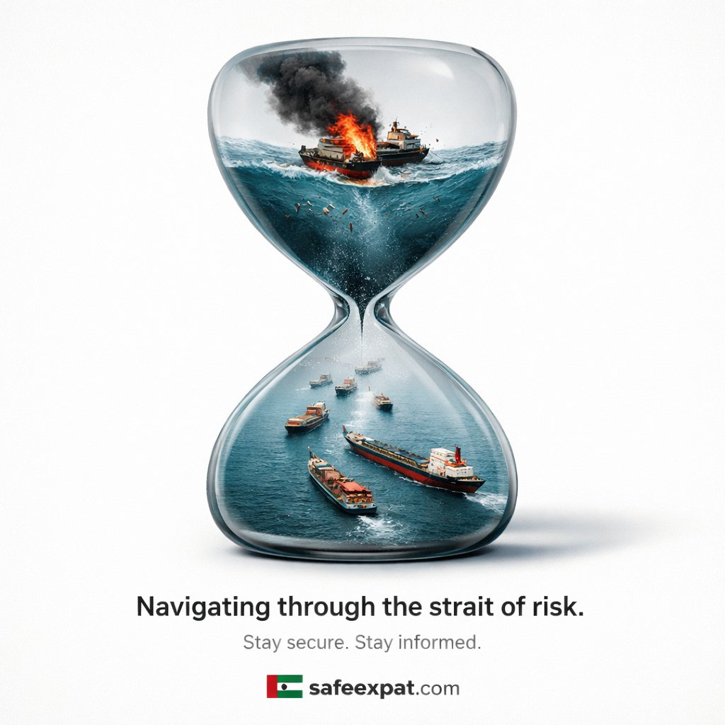 SafeExpat's tweet photo. UAE logistics at risk as shipping through the Strait of Hormuz slows amid rising US–Iran tensions. Delays and supply chain disruptions possible across ports and freight networks in coming days. #UAE #ShippingRisk #Hormuz https://t.co/dnhZSvVvkp