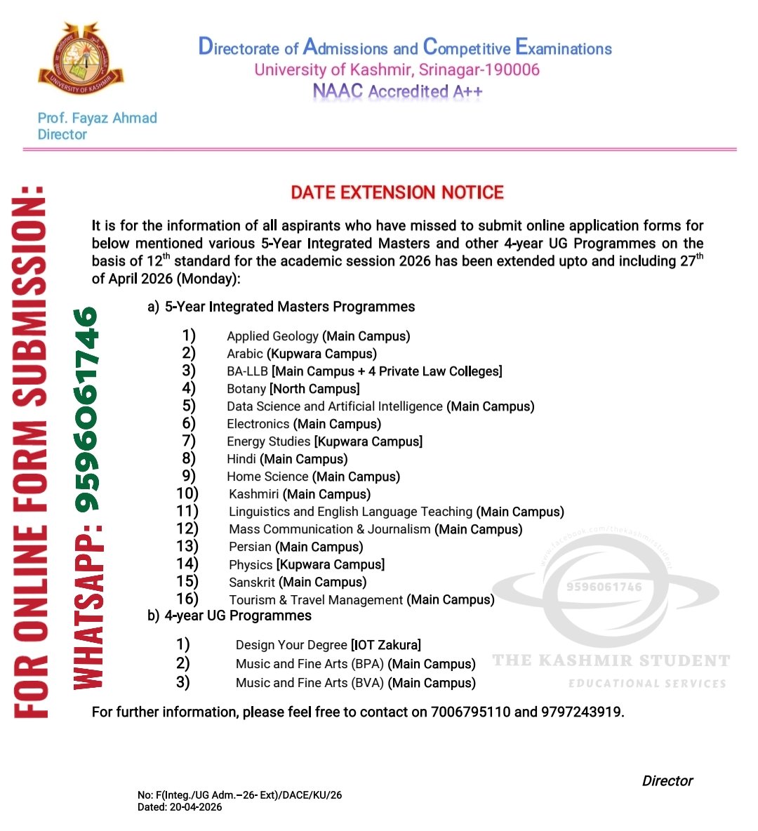 Kashmir University extends registation date for admission to 5-Year Integrated and UG programmes-2026