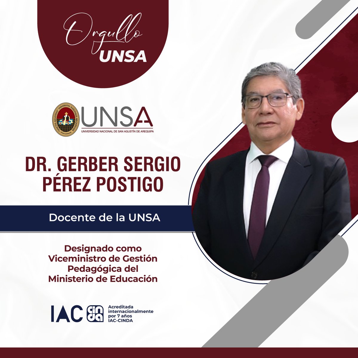 UNSA_Oficial's tweet image. ➡️ El Poder Ejecutivo designó a un académico formado en Arequipa para ocupar el Viceministerio de Gestión Pedagógica. La designación recae en el Dr. Gerber Sergio Pérez Postigo, docente de la #UNSA.

👉 Nota completa: bit.ly/4tS9qPg