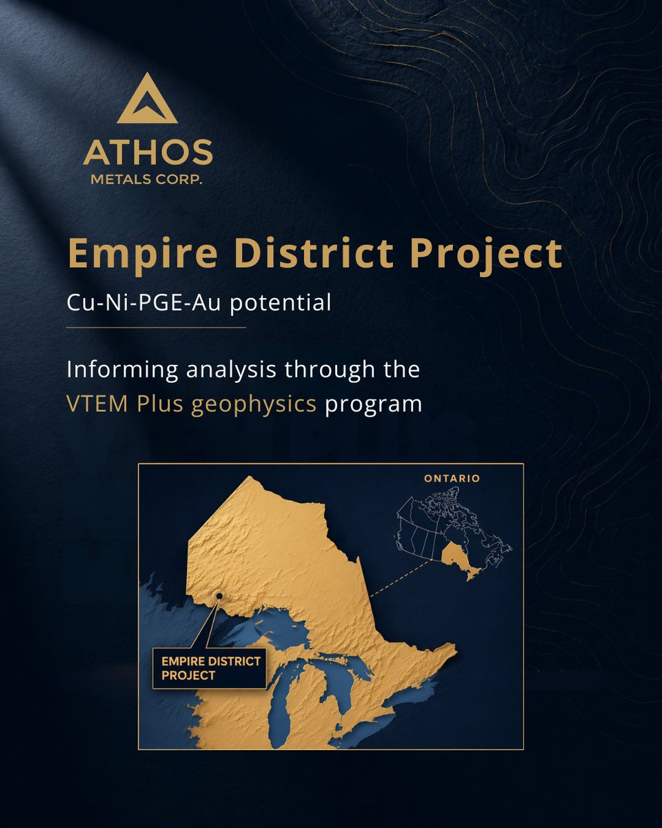 AthosMetals's tweet image. The Empire District Project shows district-scale Cu-Ni-PGE-Au potential.
VTEM Plus geophysics supports data-driven analysis and target generation.
Learn more: athosmetals.com

#AthosMetals #MineralExploration #CriticalMinerals #MiningCompany #CanadianMining
