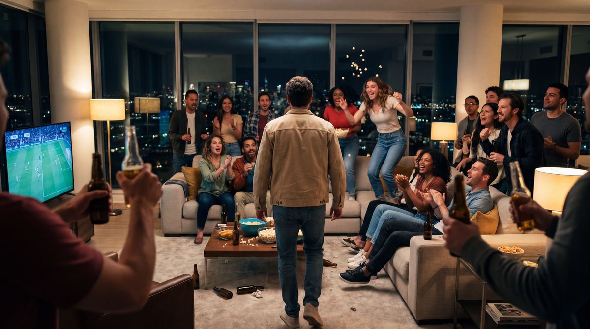 furnea_ai's tweet photo. {
  "prompt": "Use the provided reference image as the exact first frame. Preserve the environment, lighting, people positions, sofa design, and overall composition exactly. Do not redesign anything.\n\nCinematic time-freeze short film, 15 seconds, ultra-realistic, shot on Arri Alexa Mini, 35mm lens, shallow depth of field, natural motion blur, premium lighting.\n\n[0:00–0:04]\nTime flows normally. Camera slowly tracks forward from behind the main character (man in beige jacket) as he walks toward the crowded sofa. The room is alive: people cheering, clapping, laughing, some jumping on the sofa, beer bottles moving, popcorn flying slightly. TV light flickers on faces. Loud celebration atmosphere.\n\n[0:04–0:06]\nHe raises his right hand and snaps. A subtle cinematic shockwave expands from his fingers with light distortion and air ripple.\n\n[0:06–0:10]\nEverything freezes instantly.\nPeople are locked mid-cheer, mid-laugh, mid-air. Beer bottles suspended. Popcorn frozen in air. Cloth wrinkles and hair movement frozen.\nOnly the main character moves.\nSound drops to silence except subtle ambient hum.\n\nHe walks calmly through the frozen crowd, slightly brushing past people. He reaches the sofa where there is a very tight empty space between two frozen people.\nHe gently uses his hands to create space, shifting their shoulders slightly.\nHe turns, sits down comfortably into the gap, adjusting himself naturally.\n\n[0:10–0:12]\nHe leans back into the sofa, relaxed, grabs a floating popcorn piece from the air and eats it.\nSoft crunch sound.\nHe looks slightly amused.\n\n[0:12–0:15]\nHe snaps again.\nA reverse shockwave restores motion instantly.\nSound explodes back: cheering, shouting, chaos continues naturally.\nPeople complete their movements.\nHe is now already seated among them, perfectly integrated.\nCamera pushes slightly forward as scene continues naturally.\nFade out.\n\nSound design:\nLoud crowd cheering → snap → deep bass shockwave → total silence → footsteps → popcorn crunch → snap → explosion of crowd sound.\n\nIMPORTANT:\nKeep ultra photorealistic quality. No AI look. Natural human motion, realistic physics, imperfect micro-movements. Preserve original composition and scale of space. Sofa must remain visible and central. Crowd density must feel high and believable."
}