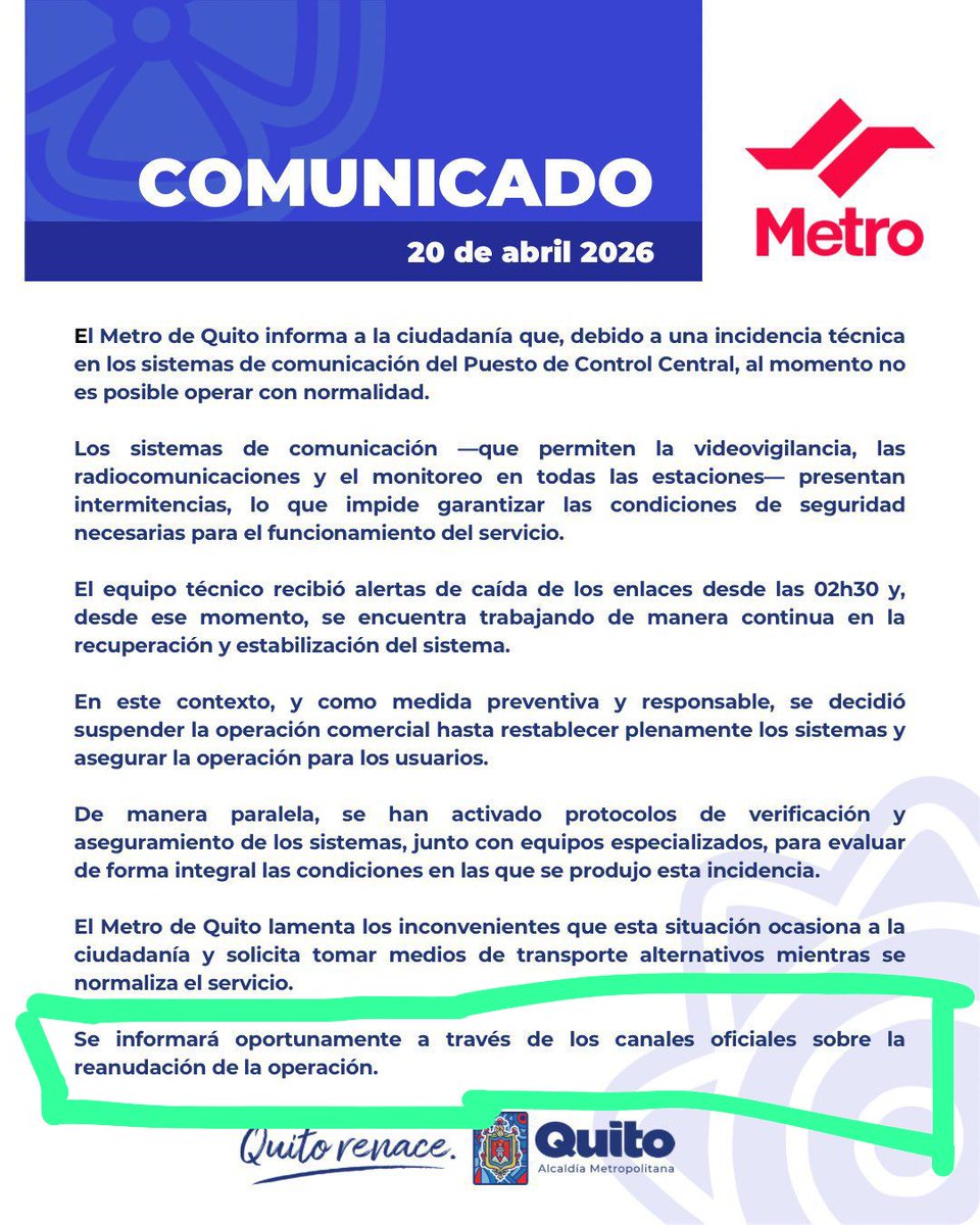 QuitoNoticias1's tweet image. 🚨 #METRO DE #QUITO / No hay hora segura para la reanudación de las operaciones.
🔹 Todo está parado. 👇