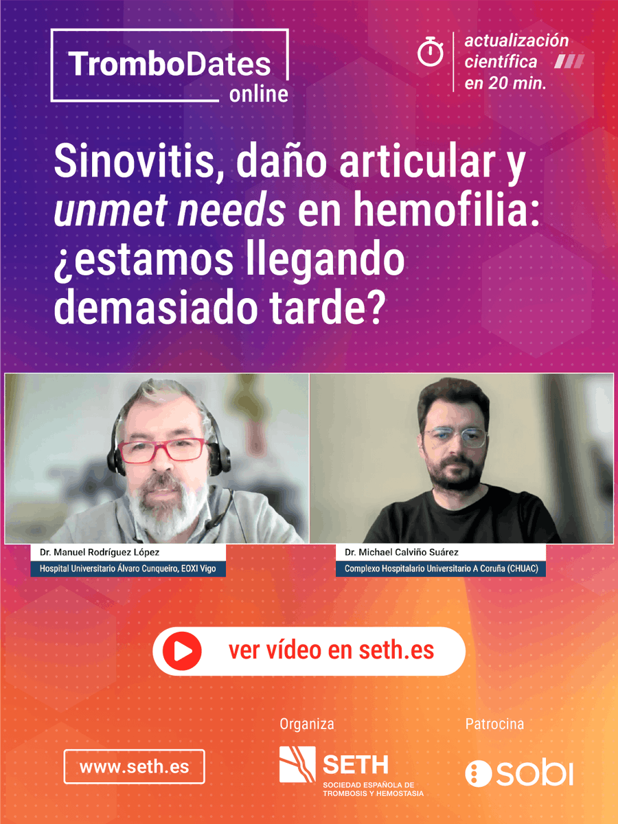 SETH__Oficial's tweet photo. Ya está disponible la grabación de #TromboDates «Sinovitis, daño articular y unmet needs en #hemofilia».

🩸Aunque el control del sangrado ha mejorado, la salud articular sigue siendo un reto. 
▶️ Ver sesión: https://t.co/mhRipjiuM5 https://t.co/cnNXBkNr33