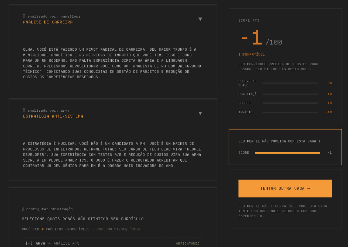 Eu codei uma parada sinceramente muito foda

 um app que utiliza 3 agents de IA, cada um com uma especialidade diferente:

- Anya calcular a chance do seu currículo ser selecionado para uma vaga e te dar um score que vai até no máximo 100

- Vanellope faz uma analise da sua