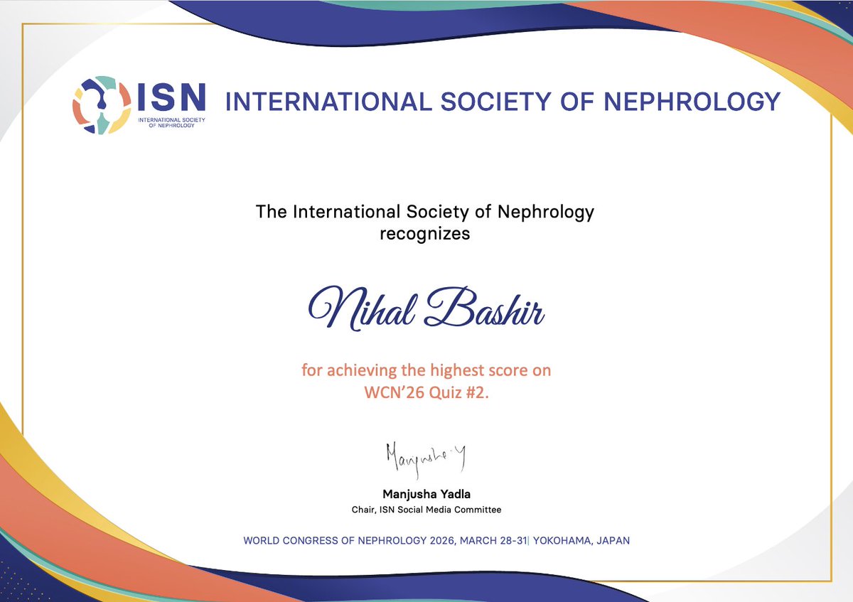 ISNWCN's tweet image. 🎉 We’re pleased to announce the winners of our WCN’26 Quiz Series!

🏅@GabyNeph
🏅Kuldeep Barnwal &amp;amp; @Nihal_Hamary 
🏅@godanciv

Congratulations to those who achieved the top scores, and thank you to everyone who participated!

#ISNWCN #Nephrology #MedicalEducation