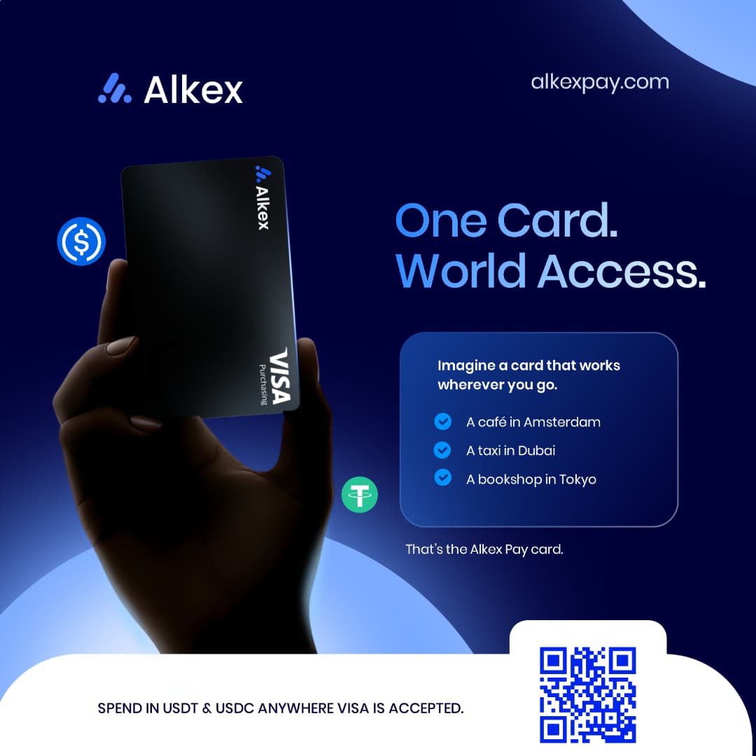 Alkexpay's tweet photo. Imagine the convenience of a card that works anywhere you go.

 A café in Amsterdam, a taxi in Dubai or a bookshop in Tokyo.

🔵No conversion. 
🔵No explanation. 
🔵Just tap and go.

That is the Alkex Pay card. Spend in $USDT or $USDC anywhere VISA is accepted.

Get your card today 👉 https://t.co/9mKASVPlv0