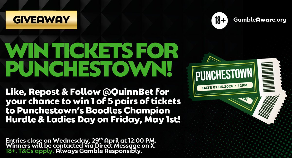 quinnbet's tweet photo. COMPETITION TIME! 🎉 

To celebrate our upcoming sponsorship of the @Punchestownrace Festival, we’re giving away 5 pairs of tickets for Friday, May 1st. 

Join us for a mighty day of racing, featuring the QuinnBet Novice Handicap Chase!

✅ Like
🔁 Repost
➡️ Follow @QuinnBet https://t.co/FawiHbfUWH