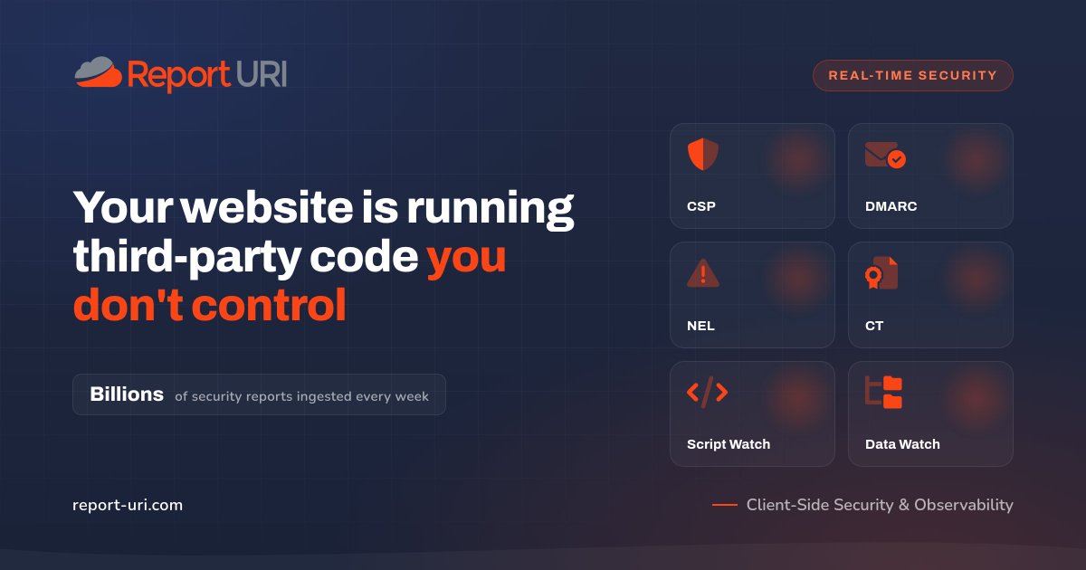 reporturi's tweet photo. The Report URI refresh is live! 💙🧡

New homepage, refreshed product + case study pages, all-new social cards across the site, and more.

Same mission: catching the third-party code your website is running that you don't control.

➡️ https://t.co/byNZXBFsnc https://t.co/G3cXUxML6U