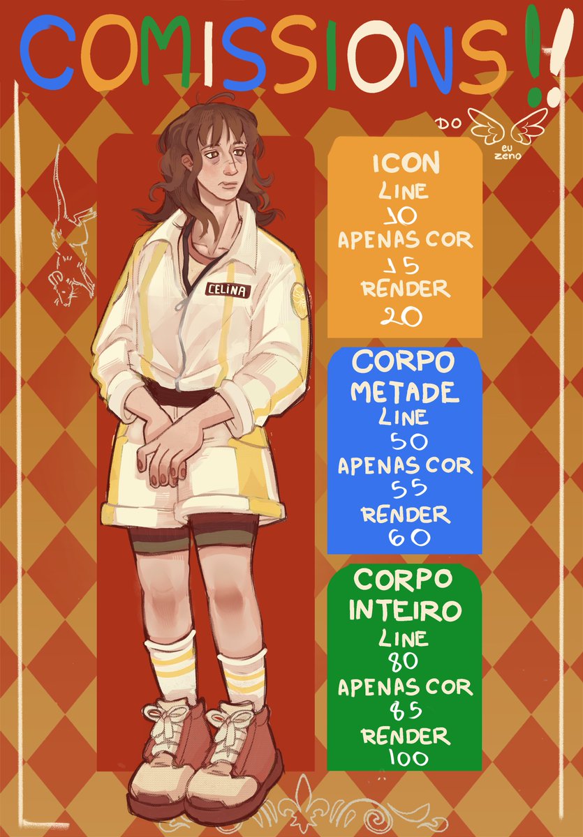 COMISSÕES ABERTAS 🐀🎪

🔸pagamento por pix, metade qnd o rascunho for aceito e metade no desenho finalizado !

🔸preço pode aumentar por: 
Adicionar personagens 
Cenário 

🔸NÃO VEJO DM NO TWITTER
me chama no discord! (euzeno)