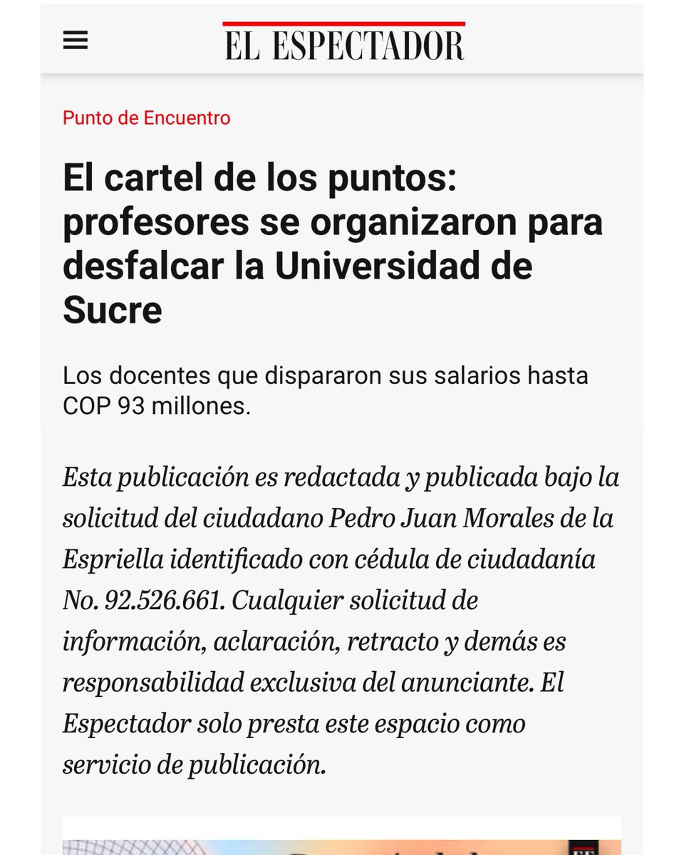 Korraleja's tweet image. 🔵 Una fuerte controversia se desató en la #Universidad de #Sucre tras un reportaje del ciudadano Pedro Juan Morales en el Diario #ElEspectador en el que #denuncia que varios #docentes habrían alcanzado salarios de hasta 93 millones de pesos mensuales mediante el sistema de