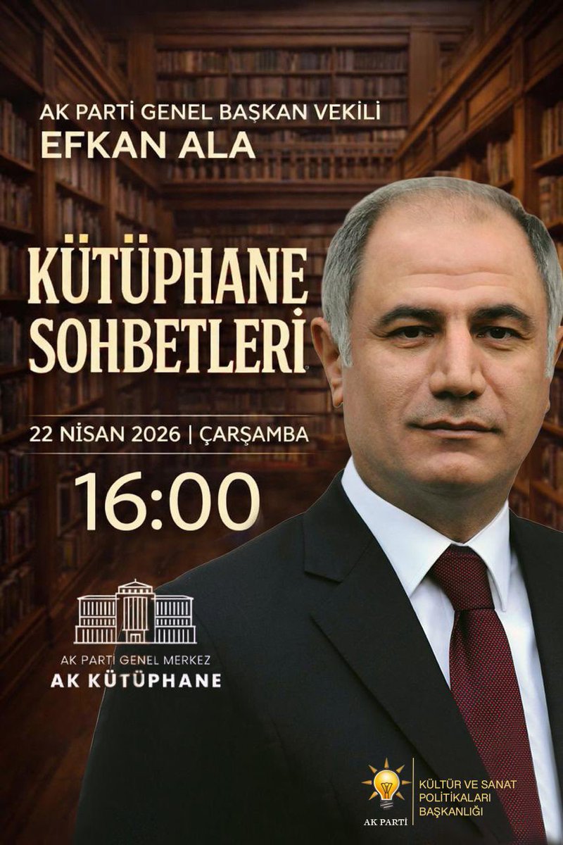 AK Parti Genel Merkezimizde başlattığımız “Kütüphane Sohbetleri” programının bu buluşmasında, AK Parti Genel Başkan Vekili Sn. Efkan Ala’yı ağırlayacağız.

📅 Tarih: 22 Nisan 2026 (Çarşamba)
🕐 Saat: 16.00
📍 Yer: AK Parti Genel Merkezi – AK Kütüphane