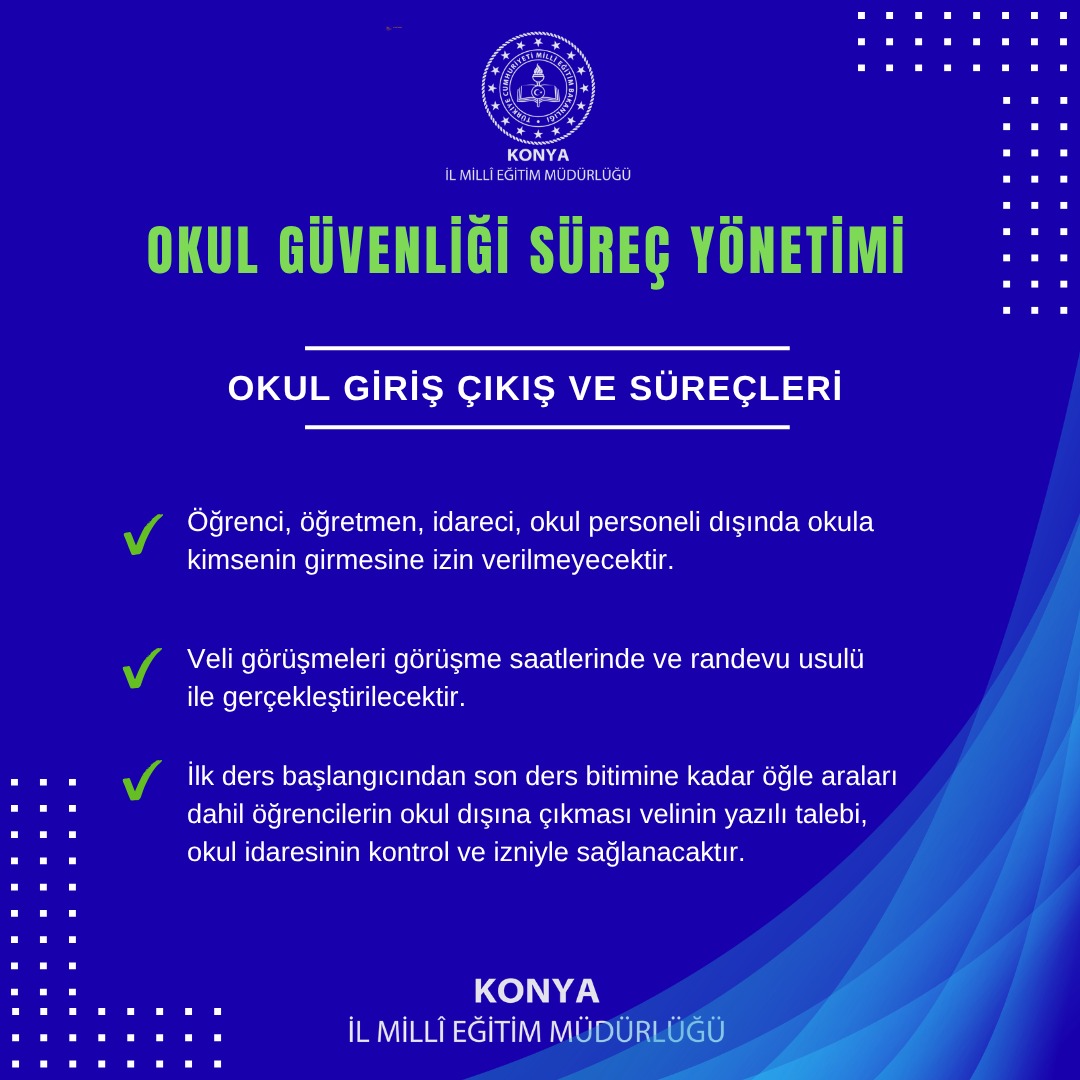 konyamem's tweet photo. Bakanlığımızın mevzuat hükümleri doğrultusunda hazırlanan görselde yer alan "Okul Güvenliği Süreç Yönetimi" maddelerinin titizlikle uygulanacağı; öğrencilerimizin, velilerimizin ve öğretmenlerimizin bilgisine sunulmuştur.

#OkullarımızGeleceğimiz

@tcmeb @Yusuf__Tekin @TCKonyaValiligi @Vali_Akin 
@Konyabuyuksehir @u_ibrahim_altay @gokhanmurat1  
#BizimOkulumuz #BaşarmayaHazırım #Konyamem