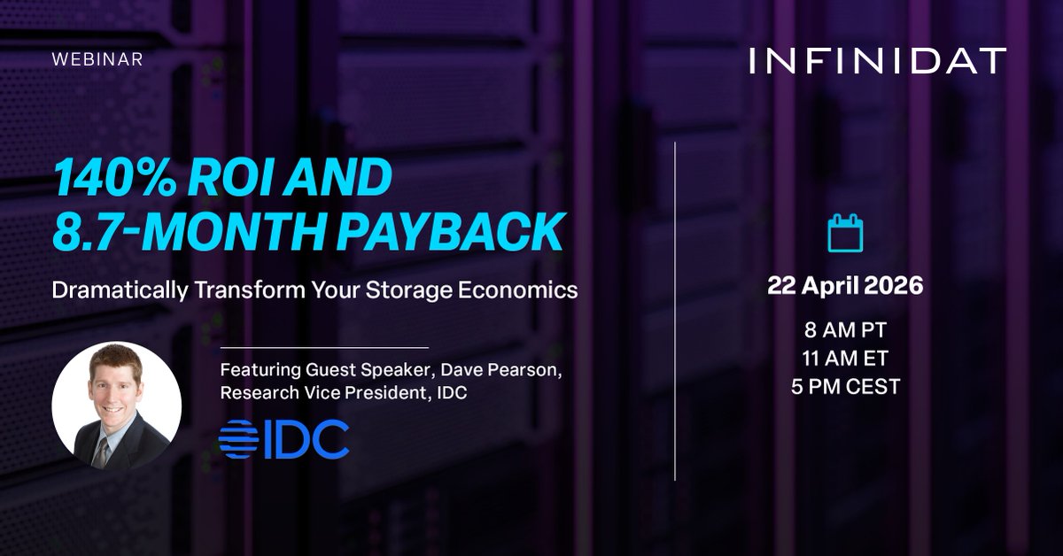 Infinidat's tweet image. ⏳ Last chance: Webinar is Wednesday

Join Infinidat + @IDC’s Dave Pearson on the economics of InfiniBox G4

✔ 140% 3-year ROI
✔ 58% lower ops costs
✔ 85% fewer outages

Register now 👉
okt.to/Mf3p9T

#Storage #IT #ROI