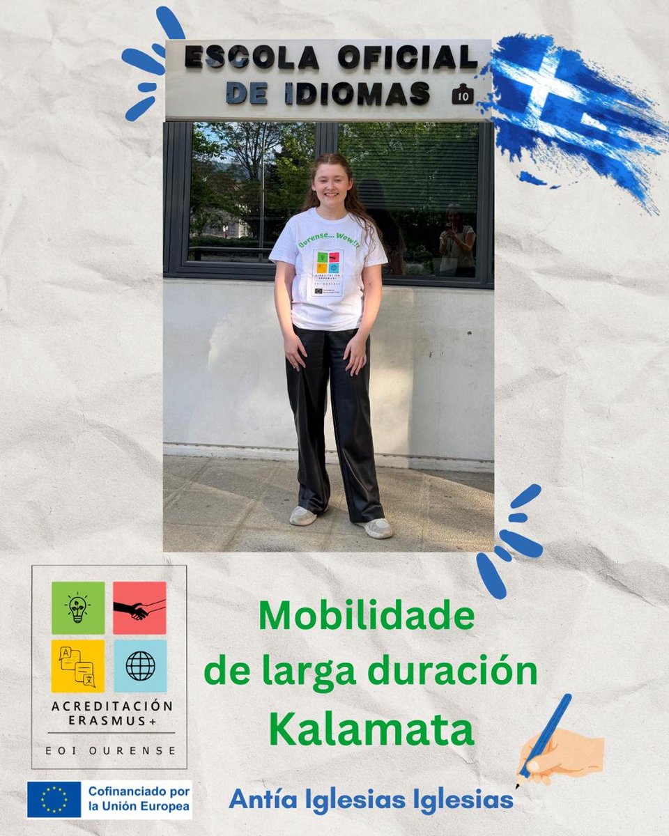EoiOurense's tweet image. A alumna Antía Iglesias Iglesias comeza a mediados de abril a súa 𝕞𝕠𝕓𝕚𝕝𝕚𝕕𝕒𝕕𝕖 de 𝗹𝗼𝗻𝗴𝗮 𝗱𝘂𝗿𝗮𝗰𝗶ó𝗻 a Kalamata (Grecia), onde estará ata o mes de xuño. 🌍
Os nosos mellores desexos para esta estancia ilusionante. 💫
@sepie_gob #erasmusplus #mobilidade