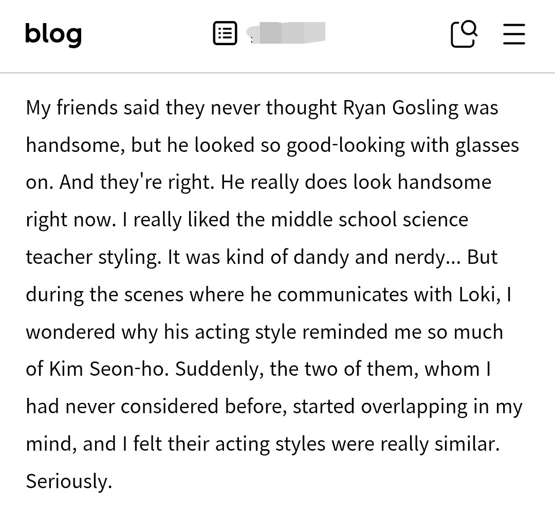 kdragontwt's tweet photo. Wonder if op has seen that viral post 🤭

[BLOG]
"My friends said they never thought Ryan Gosling was handsome, but he looked so good-looking w/ glasses on... But during the scenes where he communicates w/ Loki, I wondered why his acting style reminded me so much of Kim Seon-ho." https://t.co/FmrTPlkOpo