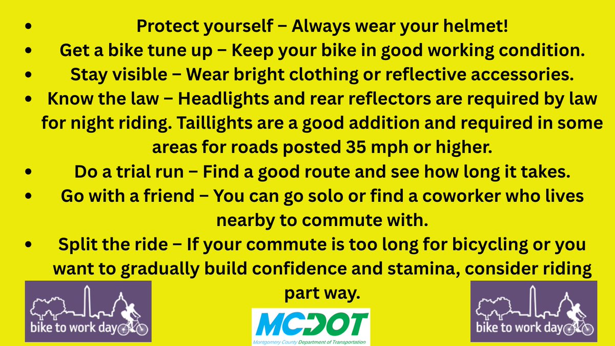 MCDOTNow's tweet image. .@BiketoWorkDay is less than a month away! Before you head out for a 🚲ride, here are some important safety tips and advice that will help boost your confidence, riding enjoyment, and ease you into bicycle #commuting.
▶️ ow.ly/zwsC50YK6UF
#BTWD2026 @MontgomeryCoMD