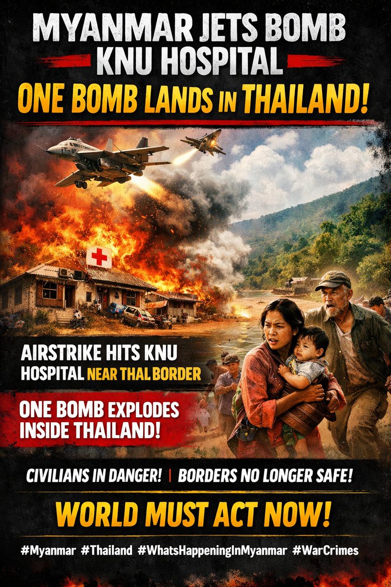 Myanmar_Watch12's tweet image. Myanmar jets bomb a KNU hospital near the border-one bomb lands in Thailand, forcing evacuations. Civilians under fire, borders no longer safe. World must act now. #Myanmar #Thailand #WhatsHappeningInMyanmar #WarCrimes #BREAKİNGNEWS