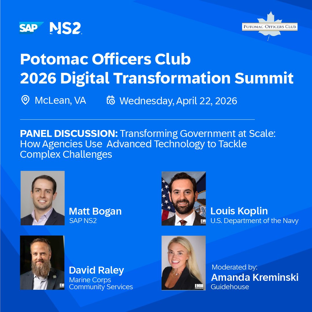SAPNS2's tweet photo. SAP NS2 is heading to the 2026 Digital Transformation Summit hosted by Potomac Officers Club.

Joining a panel discussion, Matt Bogan, SAP NS2 Director of Business Transformation Services, will share how agencies are transforming at scale and using advanced tech to solve complex mission challenges.

#DigitalTransformation #GovTech #FederalIT #SAPNS2
