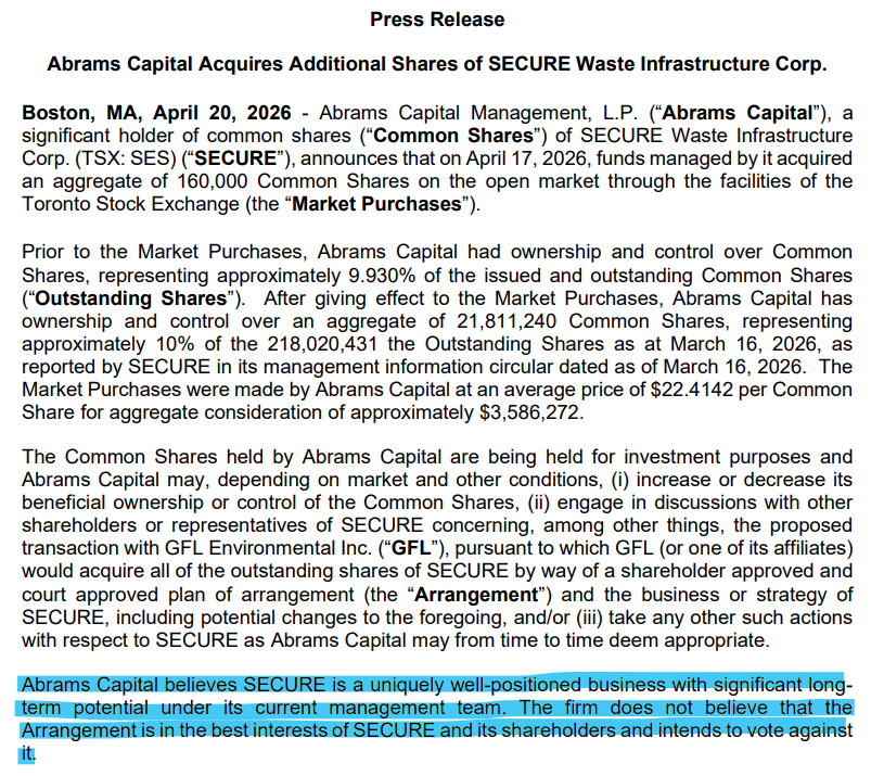 VBATCAPITAL's tweet photo. Abrams Capital now owns 10% of the shares of https://t.co/ptulgHLtTl
"The firm does not believe that the Arrangement is in the best interests of SECURE and its shareholders and intends to vote against it". https://t.co/HPphFLxKad