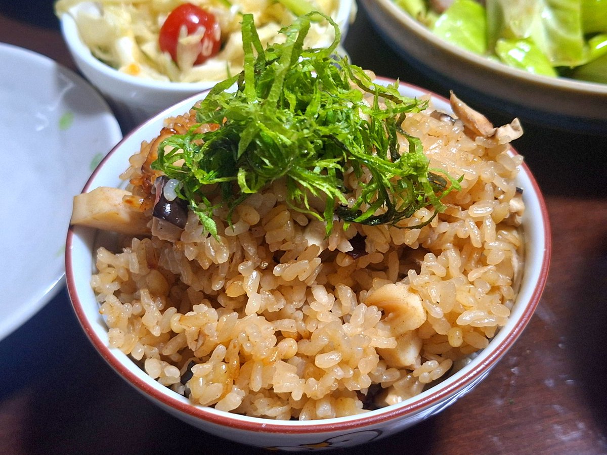 ミズダコの頭を買ってきてタコ飯に
マダコに比べて安価なので、惜しみなく炊飯器に入れられるのが良い
タコの出汁を凄く感じられて美味しくできました！