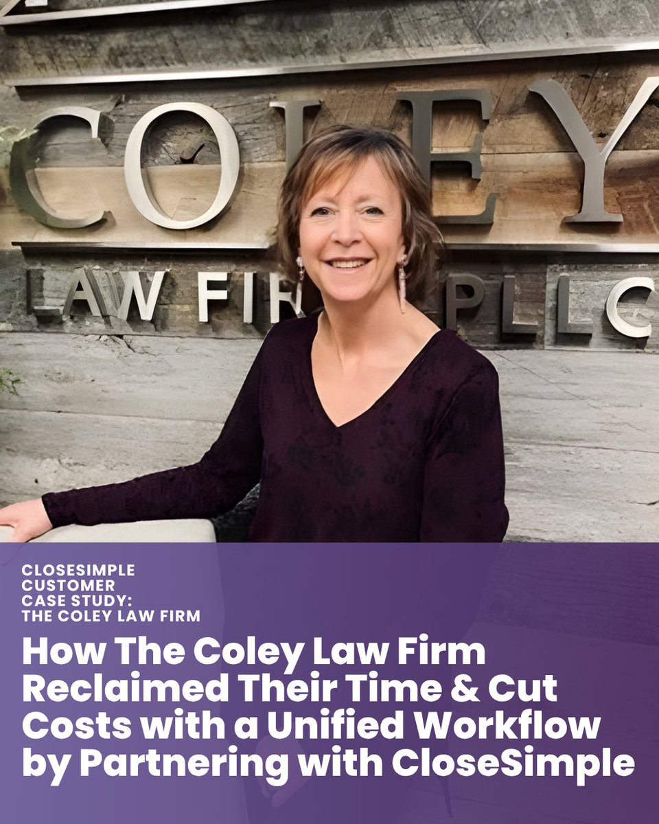 CloseSimple's tweet image. Modernize the way you close, without losing your workflow. 
The Coley Law Firm cut costs and saved time by moving their closing process into one tailored portal. 

Read the Case Study at hubs.li/Q04cGVYH0

#TitleCompany #Efficiency #CloseSimple