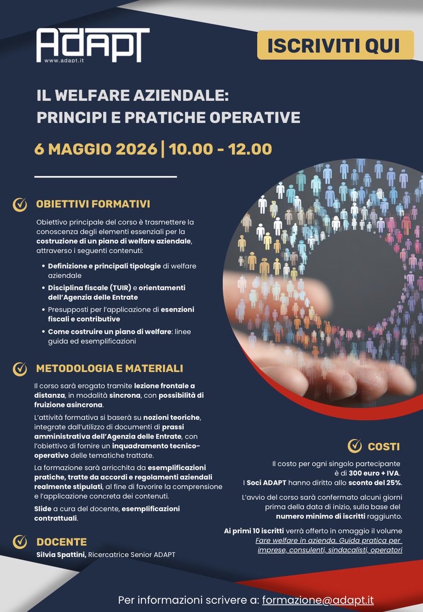 ADAPTwelfare's tweet image. Il prossimo 6 maggio si terrà un corso @adaptland sul #welfareaziendale. Obiettivo principale del corso è trasmettere la conoscenza degli elementi essenziali per la costruzione di un piano di #welfare. 
Maggiori infos 👇🏼