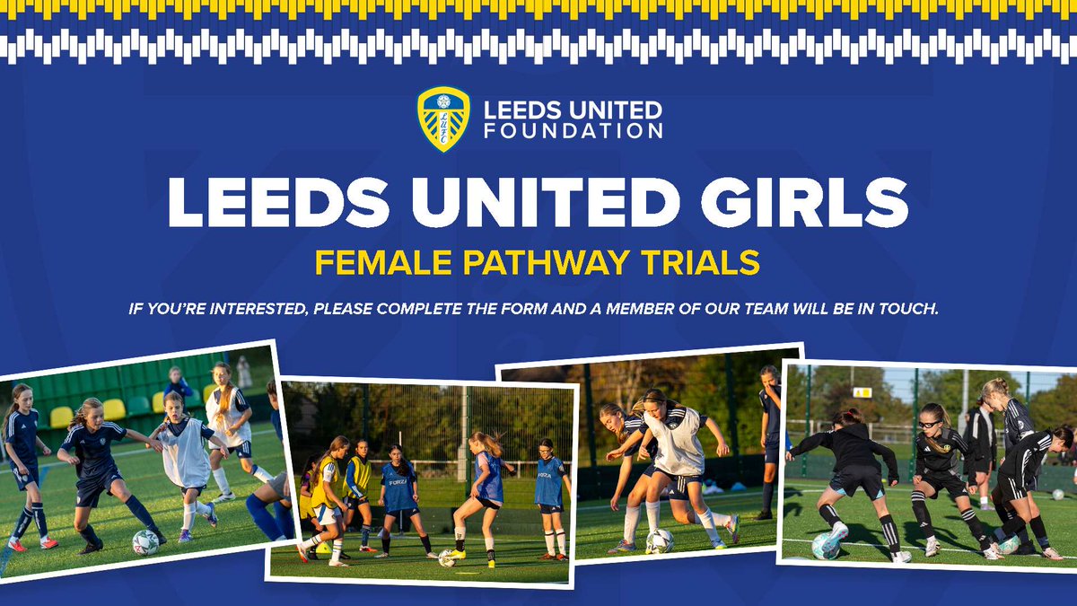 LeedsunitedRTC's tweet photo. 👀Big news for our Girls Academy !!! 

We’re expanding for the 2026/27 season with two new teams joining the journey.  

Competing in the JPL with squads at U11, U12, U14 and U16 from September 2026.  

Trials are open now: 
➡️U11 &amp; U12 open to all 
➡️U14 &amp; U16 invite only https://t.co/vwL1lOU4Lt